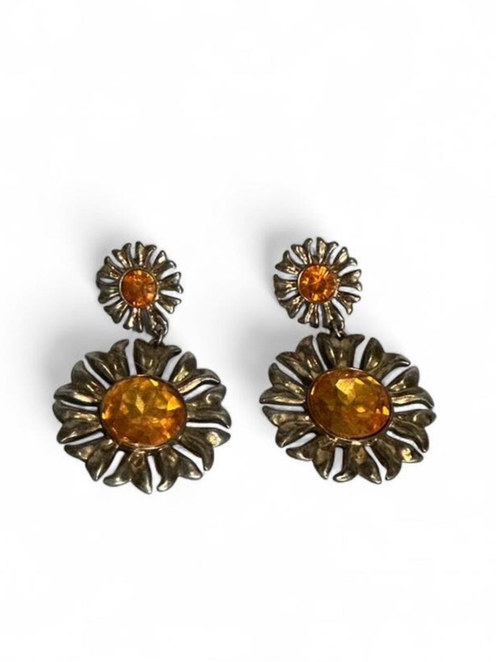 Vintage-Style Gold Flower Drop Earrings with Amber Stones